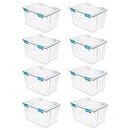 Sterilite 54 Qt Gasket Box, Stackable Storage Bin with Latching Lid and Tight Seal, Plastic Container to Organize Basement, Clear Base and Lid, 8-Pack