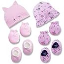 New Born Baby Boys Girls Infant Accessories Cotton Printed Cap Mitten Booties Set Combo Pack of 2 (Multicolor; 0 to 3 Months) (PINKCPINKJ)
