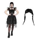 My Illusions Ladies Wednesday Halloween Costume + Wig Gothic Prom Dress Dark Fancy Dress Women's Character Outfit (Large UK 16-18)
