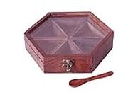DELUX WOOD CARVER Hexagon Spice Box With Spoon In Sheesham - Spice Box For Kitchen Container With Lid Decorative Masala Dabba Organizer Handmade/Spice Storage Racks Jars / 6 containers
