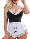 Avidlove Contrast Lace Rib Teddy Bodysuit with Apron and Choker Sexy Maid Lingerie Plus Size Costume Black XXL