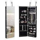 GOFLAME Jewelry Armoire Wall Door Mounted, Full Screen Jewelry Cabinet for Bedroom, Lockable Jewelry Cabinet with LED Lights and Frameless Mirror, 1 Scarf Rod, 36 Hooks, 1 Makeup Pouch (Black)
