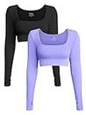 OQQ Women's 2 Piece Crop Top Ribbed Seamless Workout Exercise Long Sleeve Crop Tops Black Purple
