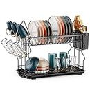 iSPECLE Dish Drying Rack - 2 Tier Dish Rack with Cup Holder, Rust-Resistant Dish Drainer with Utensil Holder for Kitchen Counter, Black