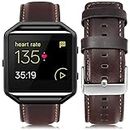 UMAXGET Leather Band Compatible with Fitbit Blaze, Retro Cowhide Genuine Leather Band with Black Silver Metal Frame Compatible with Fitbit Blaze Smart Watch Strap for Men Women, Dark Brown Large