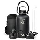 Trebo Half Gallon Water Bottle with Paracord Handle 64oz Wide Mouth Insulated Double Wall Stainless Steel Large Sports Flask Keep Hot 24 Hours & Cold 48 Hours Water Jug with 3 Lids, Black