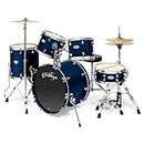 Ashthorpe 5-Piece Full Size Adult Drum Set with Remo Heads & Premium Brass Cymbals - Complete Professional Percussion Kit with Chrome Hardware - Blue