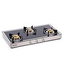 Glen 3 Burner Toughened Glass Top |Mirror Finish Glass LPG Gas Stove|Forged Brass Burners| Black|Silver |Manual Ignition| ISI Certified |Revolving Inlet Nozzle| 5 Years Warranty On Glass | 1038 GT FBM