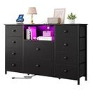LDTTCUK Dresser with Charging Station and LED Lights, Long Dresser for Bedroom Dresser TV Stand with 10 Drawers, Fabric Chest of Drawers with PU Finish, Wide Dresser Storage Organizer, Black