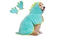 Pawyee Super Soft Fast-Drying Dog Towel Set for Cold Weather, Beach, Pool - Adjustable Microfiber Bath Robe with Drying Gloves for Cats and Dogs (Large, Blue Dino)