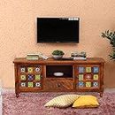 Shakambhari Wood Living Room TV Stand and Entertainment Center, Solid Sheesham Wood, Round Legs, 145L x 45W x 60H cms, 2 Cabinets with 2 Shelves Each, 1 Year Termite Warranty
