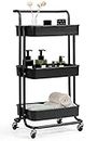 3-Tier Rolling Utility Cart Rolling Cart Storage Organizer Trolley with Lockable Wheels for Office Home Kitchen Bedroom Bathroom (Black)