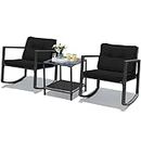 Costway 3 Pieces Patio Rocking Chair Outdoor Rattan Wicker Rocking Bistro Set w/Cushioned Seat, Conversation Set w/Glass Coffee Table and Storage Shelf for Balcony Porch Poolside (Black)