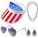 4th of July USA Flag Patriotic Party Accessories Include Independence Day American Flag Sun Visor Sunglasses Earrings Patriotic Bead Necklaces for USA Patriotic Party Favors Supplies Decor