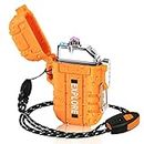 Plasma Lighter Waterproof Arc Lighter Windproof USB Electric Lighter Rechargeable with Emergency Whistle for Hiking,Camping,Adventure,Survival&Tactical(Orange)