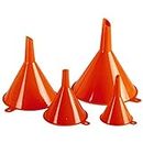 KarZone Plastic Funnel for Automotive Use - Kitchen Funnels for Filling Bottles, Jars, Containers or Lab Use - Oil Funnel for Gas, Car Oil, Lubricants and Fluids (Orange-4 Pack)