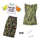 Barbie Fashions 2-Pack Clothing Set, 2 Outfits for Barbie Doll Include Camo Pencil Skirt, Color-Blocked T-Shirt with Graphic, Lime Green Animal-Print Dress & 2 Accessories, for Kids 3 to 8 Years Old