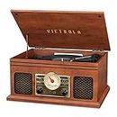 Victrola VTA-250B-MAH 4-in-1 Nostalgic Bluetooth Record Player with 3-Speed Turntable FM Radio and Aux-in Mahogany