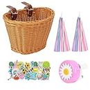 Kids Bike Basket Set Handwoven Cycling Baskets Children Cycle Basket with Spare Leather Straps, Cute Sticker, Bike Tassels and Bike Bell, Bike Accessories for Boys Girls