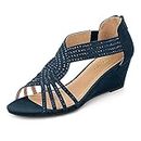 PIZZ ANNU Womens Sandals Mid Wedge Heel Glitter Shoes for Ladies Strap Rhinestones Bridal Wedding Evening Party Size 5 Navy