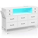 Rolanstar Dresser with Power Outlets and LED Lights, 10 Drawers Dresser with Side Pocket, Fabric Chest of Drawers with PU Finish, Small Dresser with Sturdy Frame & Wood Top for up to 55inch TV, White