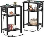 Cyclysio Side Tables with Charging Station Set of 2 End Tables 3 Tier Bed Side Tables Small Nightstands with USB Ports & Outlets, for Living Room, Bedroom, Small Space Black