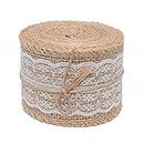 ZHENGTU 1 Rolls 2 Inch Width Natural Jute Burlap Ribbon with White Lace for DIY Home Decoration, Wedding Party Art and Craft and Gift Packaging (1 Rolls)