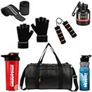 (2024 New) Gym Accessories Combo Set for Men and Women Workout with Whey Bottle, Hand Gripper,Duffle Bag, Wrist Wrap, Hand Gloves Sipper/Shaker - All-in-One Fitness Gym Kit (Pack of 7) (Black) (RED)