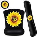 Black Mouse Pad with Ergonomic Wrist Support and Memory Foam Keyboard Wrist Rest, Non-Slip PU Base Gel Mouse Mat, Keyboard Palm Rest for Home Office, Wireless Gaming Desk Pad Cute Sunflower Pattern