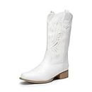 DREAM PAIRS Women's Cowboy Boots Mid Calf Cowgirl Boots Embroidery Stitched Square Toe Western Boots,Size 8.5,WHITE-1,SDMB2220W