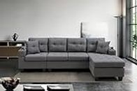 Reversible Sectional Fabric Sofa Couch with Built-in Cup Holder and Tufted Chaise Lounge (Grey)