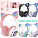 Cat Ear Bluetooth Wireless Headphones LED Mic Stereo Headsets Kids Girls Gifts