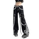 Gothic Cargo Jeans for Women Wide Straight Leg Punk Grunge Baggy Pants Goth Aesthetic Trousers Y2k Streetwear with Pockets, 3- Black Lace Edge, Medium