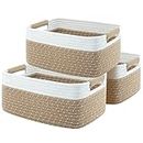 OIAHOMY 12.8x9x5.5in Woven Baskets for Storage, Storage Baskets for Shelves, Cotton Rope basket set of 3, Decorative Storage Baskets, Rectangle Basket With Handles, Brown and White