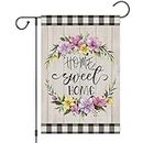 Heyfibro Home Sweet Home Spring Garden Flag Spring Summer Flowers Wreath Garden Flags 12 x 18 Inch Burlap Double Sided Vertical Floral Yard Flags for Seasonal Outside Outdoor Decoration (ONLY FLAG)