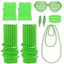 10pcs 80s Neon Fancy Dress Costume Set, Retro 1980s Party Accessories for Women Girls, Pink Gloves Neon Necklaces Bead 80s Earring Glasses Silicone Bracelets Leg Warmers, for 80s Retro Party (Green)