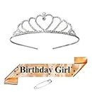 Unique Creations Birthday Girl Golden Sash with Beautiful Rhinstone Tiara Crown Set with Safety Pin for Women's & Girls (Golden Sash-Heart Design)