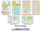 India & World Map ( Both Political & Physical ) with Constitution of India and History of India Chart | LAMINATED SET OF 6 Maps & Charts | Useful for UPSC, SSC, IES and other competitive exams
