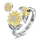 Silver Spinner Sunflower Bee Ring - 925 Sterling Silver Adjustable Fidget Anxiety Bumble Bee with Sunflower Jewelry Rings for Women, Dainty You Are My Sunshine Flower Honeybee Spinning Rings for