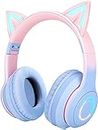 Daemon Headphones, Bluetooth Wireless Headphones for Kids Teens Adults, Over-Ear Bluetooth Headphones with Microphone, Cat Ear Headphones for Girls Women (Pink Blue)