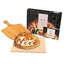 GOURMEO Pizza Stone Pan and Wooden Pizza Paddle - 15x11.8x0.6 inch - Cordiete Bread Beaking Stone w/Pizza Peel - Suitable for Oven & Grill