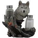 Decorative Gray Wolf Glass Salt and Pepper Shaker Set with Holder Figurine for Cabin and Rustic Lodge Restaurant Bar or Kitchen Table Decor Wildlife Animal Collectibles & Wolves Sculptures As Gifts