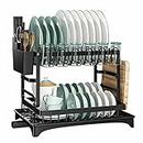 Dish Drying Rack 2 Tier Dish Drainer Rack Kitchen Counter Organizer Rustproof Cutlery Holder Storage for Utensil Chopping Board Cup Auto Drainage Kitchen Countertop