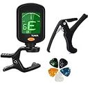 DEVICE OF URBAN INFOTECH Guitar Tuner Clip on Chromatic Digital Tuner with Guitar Capo Metal Alloy Spring Guitar Capotastos for Acoustic Guitar, Electric Guitar Violin, Ukulele, Bass with 5 Picks