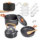 OVERMONT 14 PCS Camping Cookware Outdoor Kitchen Set, Aluminum Portable Kettle Pots and Pans for Camping Hiking and Picnic for 1-3 Person