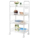 SortWise 4-Tier Mesh Wire Rolling Storage Cart, Metal Slim Utility Cart with Wheels for Office, Kitchen, Home, Bedroom, 44 x 26 x 86cm, White