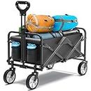 Collapsible Folding Wagon, Heavy Duty Utility Beach Wagon Cart with Side Pocket, Large Capacity Foldable Grocery Wagon for Garden Sports Outdoor Use
