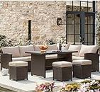 U-MAX 7 Pieces Patio Furniture Set Outdoor Sectional Sofa Conversation Set All Weather Wicker Rattan Couch Dining Table & Chair with Ottoman, Khaki