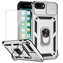 Yodueiv for iPhone 8 Plus/iPhone 7 Plus/iPhone 6 Plus/6S Plus Case with Tempered Glass Screen Protector and Slide Camera Cover, Magnetic Ring Car Mount Holder Protective Cover for iPhone 7 Plus Silver