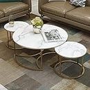 Friends & Furniture Round Marble Finish Coffee Table Set of 3 Piece, Modern Stacking Tea Table or Center Table Gold Metal Frame for Living Room, Bedroom or Apartment (Golden & White)